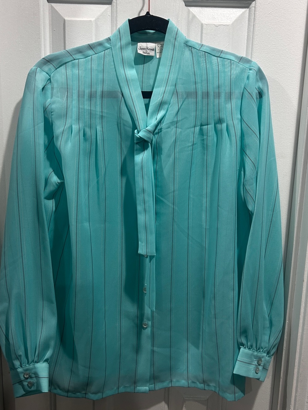 Vintage James Kenrob by Dalton Teal Stripe Tie-Neck Blouse